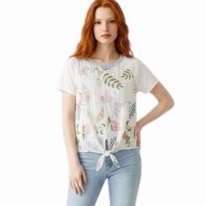 Mystree Women's Eyelet Top S White Floral Short Sleeve Tie Front Contrast Back